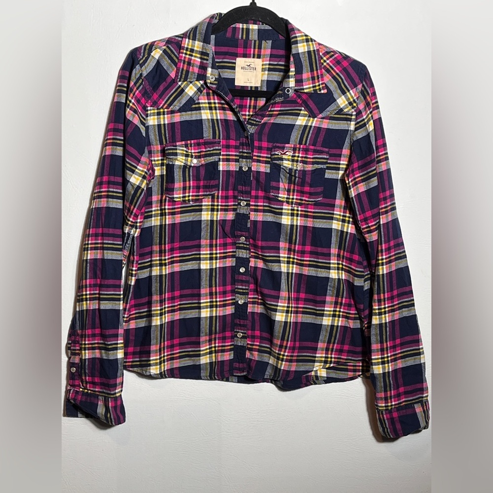 Hollister Plaid Shirt - Pink, Yellow, and Navy M/L